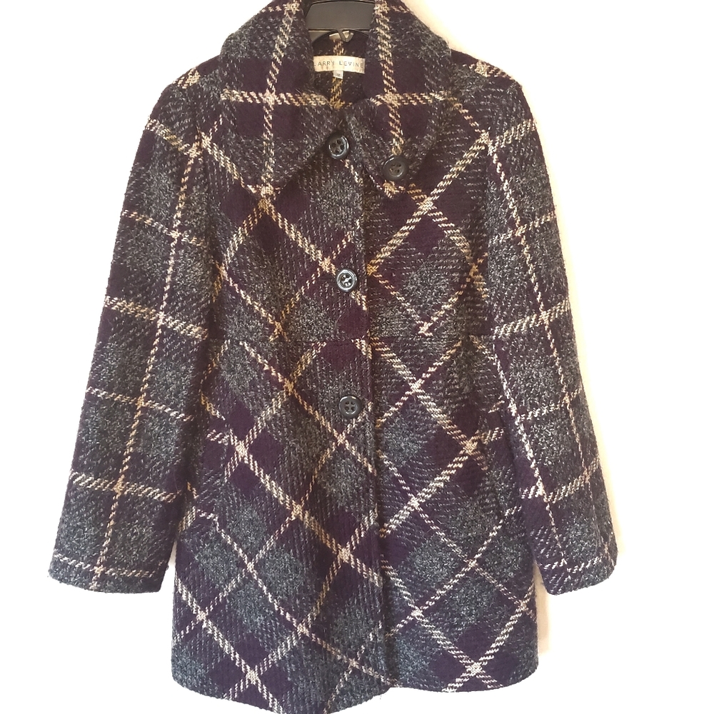 Larry Levine Grey and Maroon Wool Check Pea coat - Picture 7 of 8